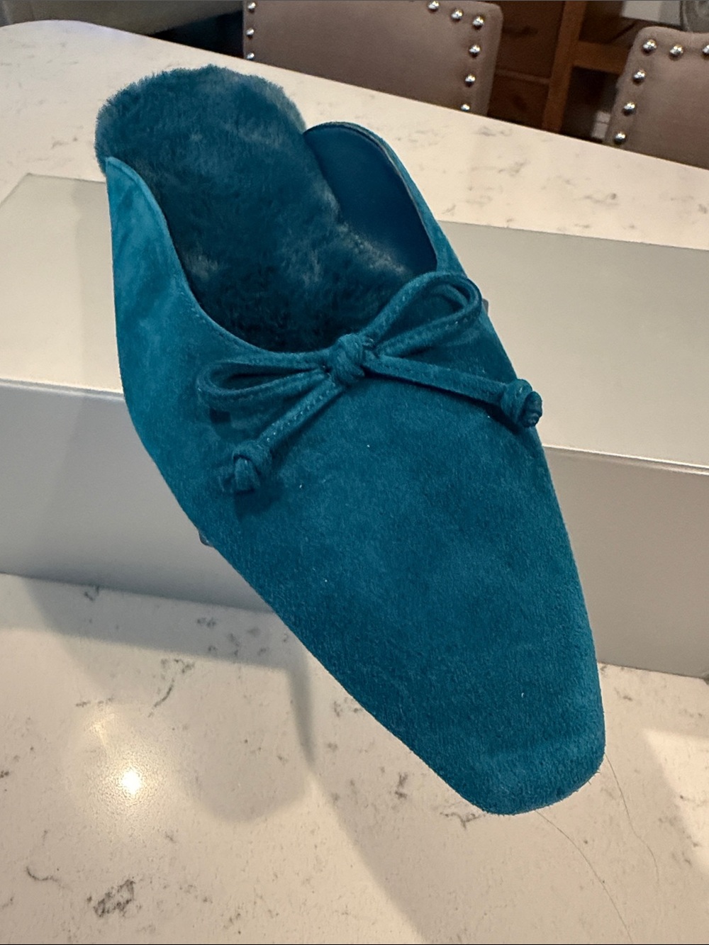 Chico's Teal Suede Bow Backless Mules - Picture 6 of 7